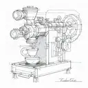 A mechanical engineer's blueprint design of a coffee machine, with smoke forming the shape of a dragon tattoo design idea