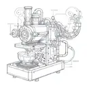 A mechanical engineer's blueprint design of a coffee machine, with smoke forming the shape of a dragon tattoo design idea