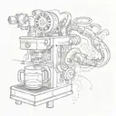 A mechanical engineer's blueprint design of a coffee machine, with smoke forming the shape of a dragon tattoo design idea