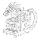 A mechanical engineer's blueprint design of a coffee machine, with smoke forming the shape of a dragon tattoo design idea