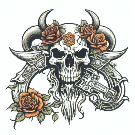 long horn skull with guns and roses intertwined for chest tattoo design idea