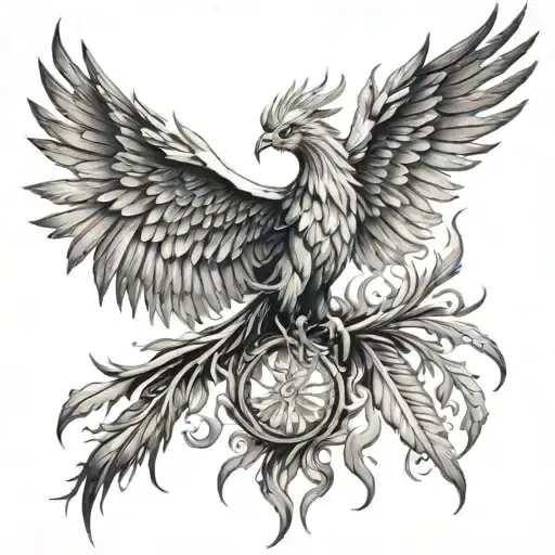 Incorporate stoic philosophy into a tattoo of a majestic phoenix rising from the ashes, symbolizing resilience and inner strength tattoo design idea