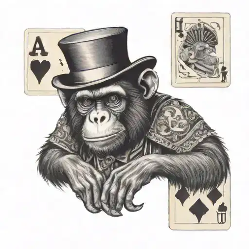 monkey wearing top hat with fanned playing cards  tattoo design idea