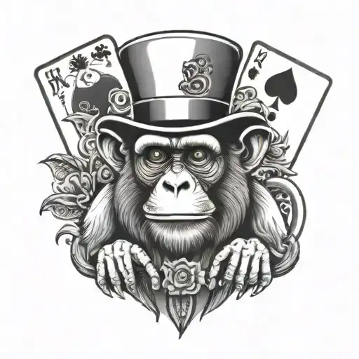 monkey wearing top hat with fanned playing cards  tattoo design idea