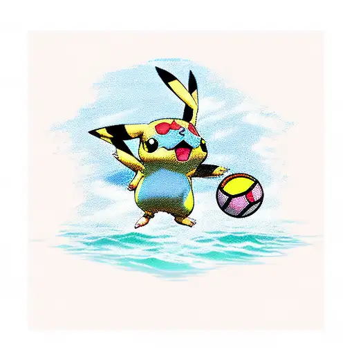 pikachu pokemon with a beach ball jumping on the sand tattoo design idea