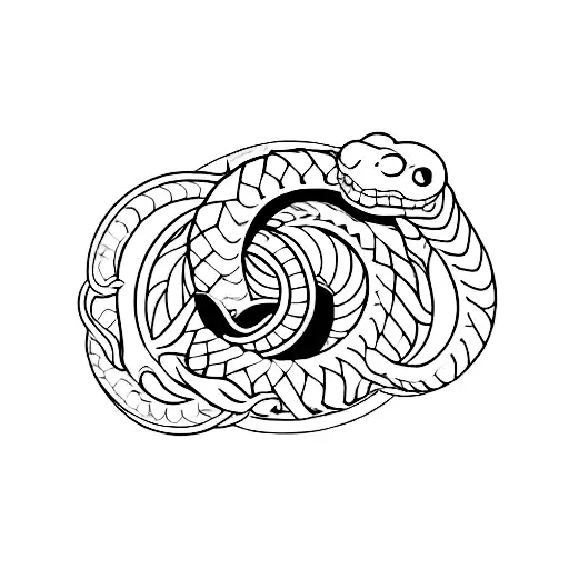 A mechanical ouroboros tattoo with a snake wrapped around a circle. The snake has metallic scales and red glowing eyes.  tattoo design idea