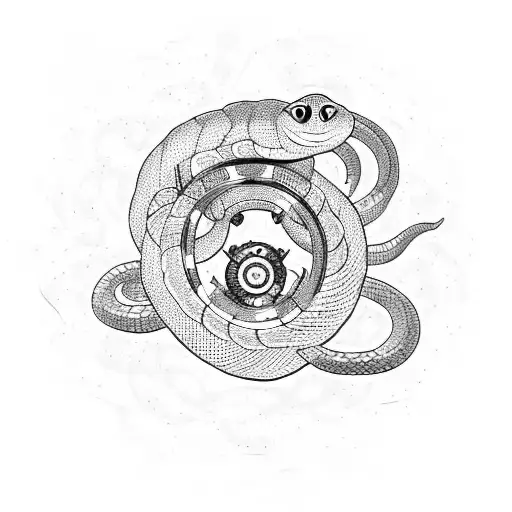 A tattoo of a mechanical ouroboros, with a snake wrapped around a circle. The snake has metallic scales and red glowing  tattoo design idea