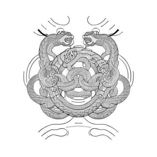 A mechanical ouroboros tattoo with a snake wrapped around a circle. The snake has metallic scales and red glowing eyes.  tattoo design idea