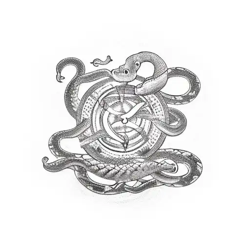 A tattoo of a mechanical ouroboros, with a snake wrapped around a circle. The snake has metallic scales and red glowing  tattoo design idea