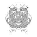 A mechanical ouroboros tattoo with a snake wrapped around a circle. The snake has metallic scales and red glowing eyes.  tattoo design idea