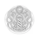 A mechanical ouroboros tattoo with a snake wrapped around a circle. The snake has metallic scales and red glowing eyes.  tattoo design idea