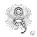 A mechanical ouroboros tattoo with a snake wrapped around a circle. The snake has metallic scales and red glowing eyes.  tattoo design idea