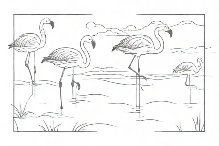 flamingos walking along the shoreline tattoo design idea