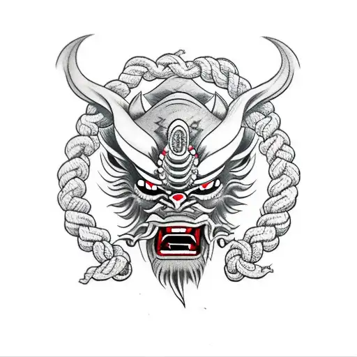 Japanese "Oni Mask Neck Tattoo With Ropes" Tattoo Idea BlackInk AI