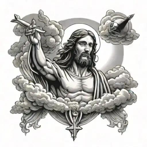 spaceship clouds surrounding Jesus stripped tattoo design idea