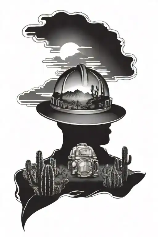 A black-grey tattoo of a desert sunset with cacti and a firefighter's helmet in the foreground tattoo design idea