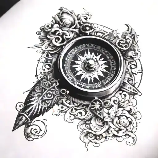 A compass in a amo with intricate details, surrounded by elements of greek god and adventure tattoo design idea