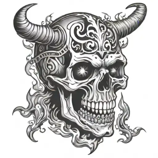 demonic skull with cigarette in mouth laughing with flames coming out of eyes tattoo design idea