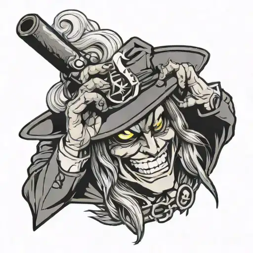 alucard from hellsing with a cigar in mouth smiling tattoo design idea