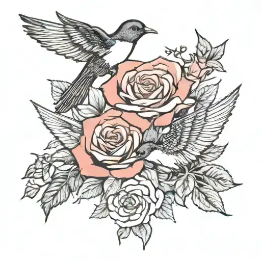 father and mother portrait with roses and swallows around tattoo design idea