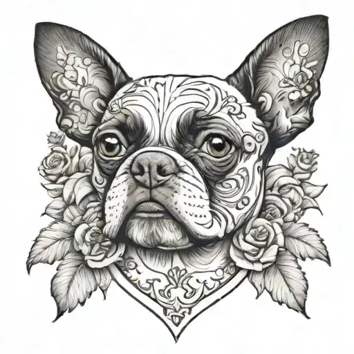 Design a tattoo of a Boston terrier surrounded by delicate line drawings of flowers and vines tattoo design idea