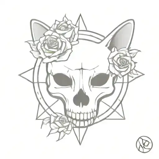 cat skull compass and roses tattoo design idea
