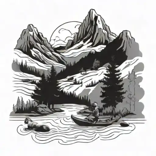 A majestic mountain landscape with a river flowing through it, featuring a kayak and various animals like horses and sheep grazing nearby tattoo design idea