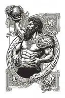 Greek mythology banner, atlas holding a minimalist earth. Full sleeve arm tattoo design idea