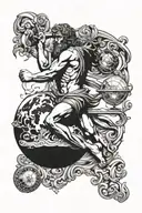 Greek mythology banner, atlas holding a minimalist earth. Full sleeve arm tattoo design idea
