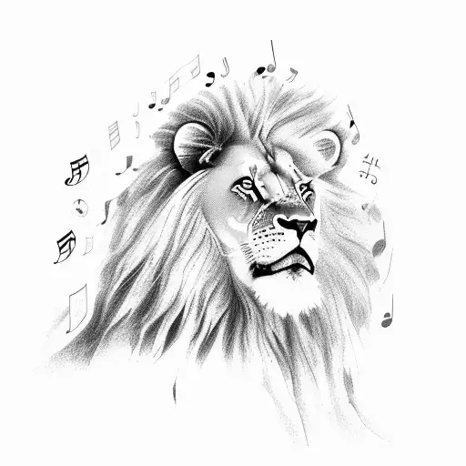 A lion playing a grand piano with a trail of musical notes flowing from the keys tattoo design idea