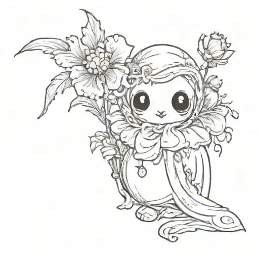A cute ghost holding a flower with a beetle on it. tattoo design idea