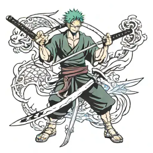 face Roronoa zoro with 3 of his swords and a dragon tattoo design idea