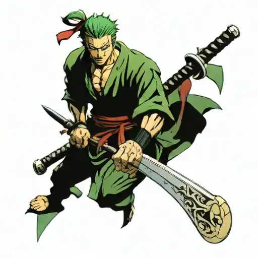 face Roronoa zoro with 3 of his swords and a dragon tattoo design idea