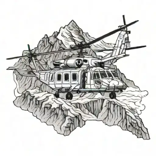 Afghanistan mountains with Chinook helicopter. Fire and smoke with feathered wing.  tattoo design idea