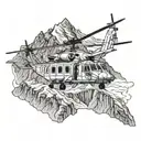 Afghanistan mountains with Chinook helicopter. Fire and smoke with feathered wing.  tattoo design idea
