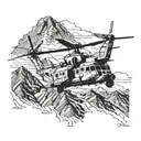 Afghanistan mountains with Chinook helicopter. Fire and smoke with feathered wing.  tattoo design idea