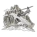 Afghanistan mountains with Chinook helicopter. Fire and smoke with feathered wing.  tattoo design idea
