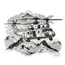Afghanistan mountains with Chinook helicopter. Fire and smoke with feathered wing.  tattoo design idea