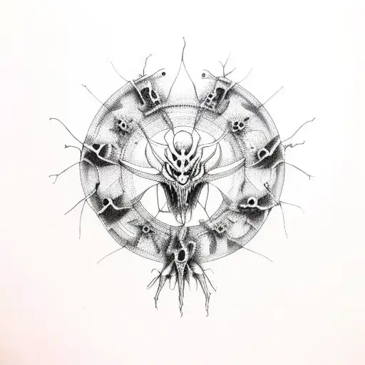 A collection of eerie creatures from folklore arranged in a symmetrical pattern tattoo design idea