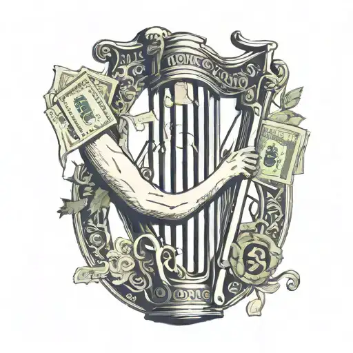 Guinness harp wi the golf club and one side and rolled up money note as the other and a cheeky line of cocaine in harp tattoo design idea
