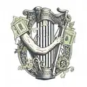 Guinness harp wi the golf club and one side and rolled up money note as the other and a cheeky line of cocaine in harp tattoo design idea