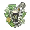 Guinness harp wi the golf club and one side and rolled up money note as the other and a cheeky line of cocaine in harp tattoo design idea