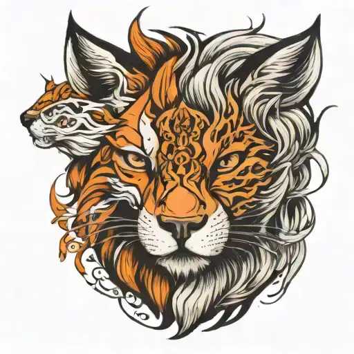 fox and lion split face tattoo design idea