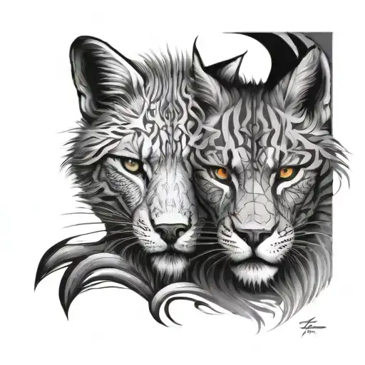 fox and lion split face tattoo design idea