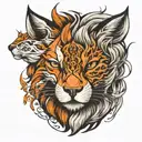 fox and lion split face tattoo design idea