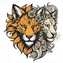 fox and lion split face tattoo design idea