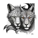 fox and lion split face tattoo design idea
