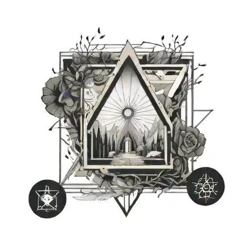 a guillotine and a corpse inside, and the meadows shine from above tattoo design idea