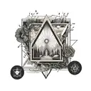 a guillotine and a corpse inside, and the meadows shine from above tattoo design idea