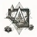 a guillotine and a corpse inside, and the meadows shine from above tattoo design idea